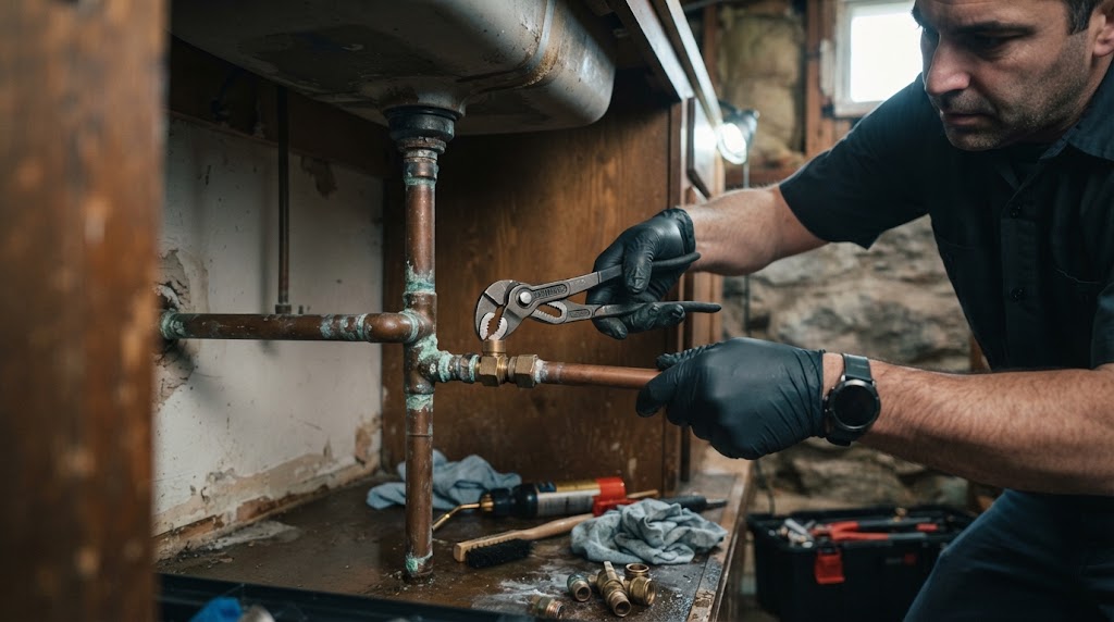 Technician repairing leaking copper pipe fitting and compression joint in Manalapan