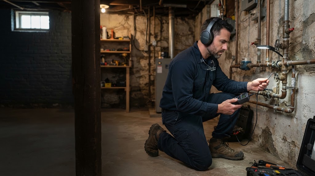 Acoustic sensor isolating basement pipe leak Manalapan supply line in foundation