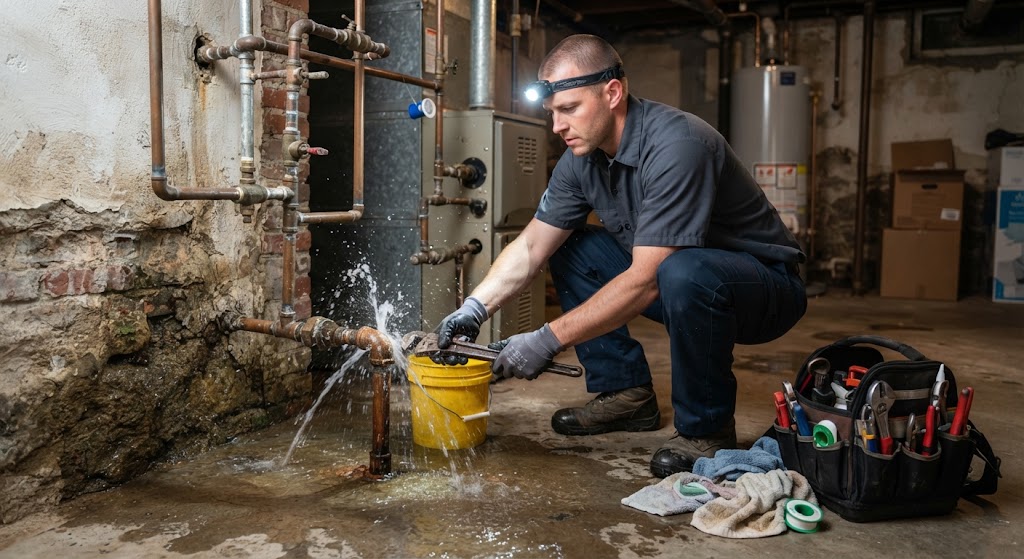 Active burst pipe flooding residential interior requiring emergency leak detection Manalapan