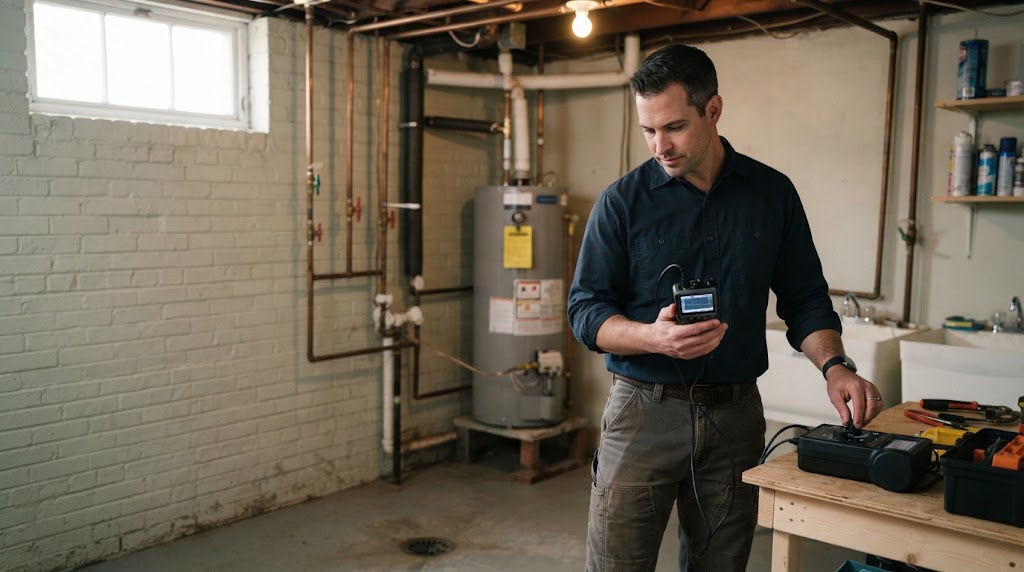 Basement leak detection Manalapan NJ technician inspecting moisture in finished basement