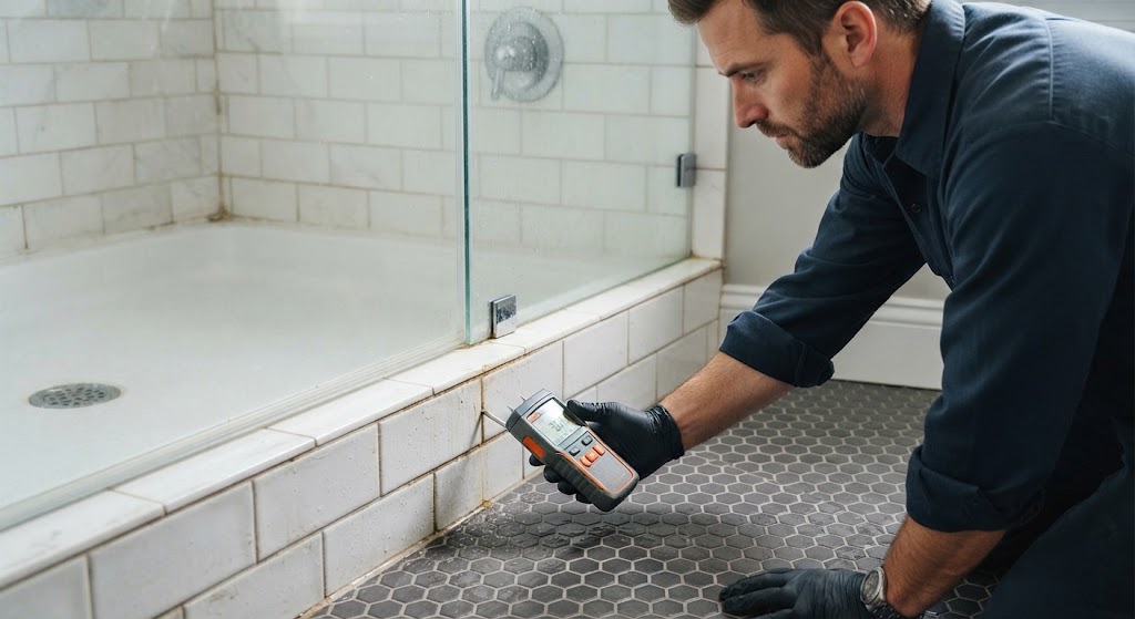 Moisture inspection verifying leak behind wall Manalapan bathroom