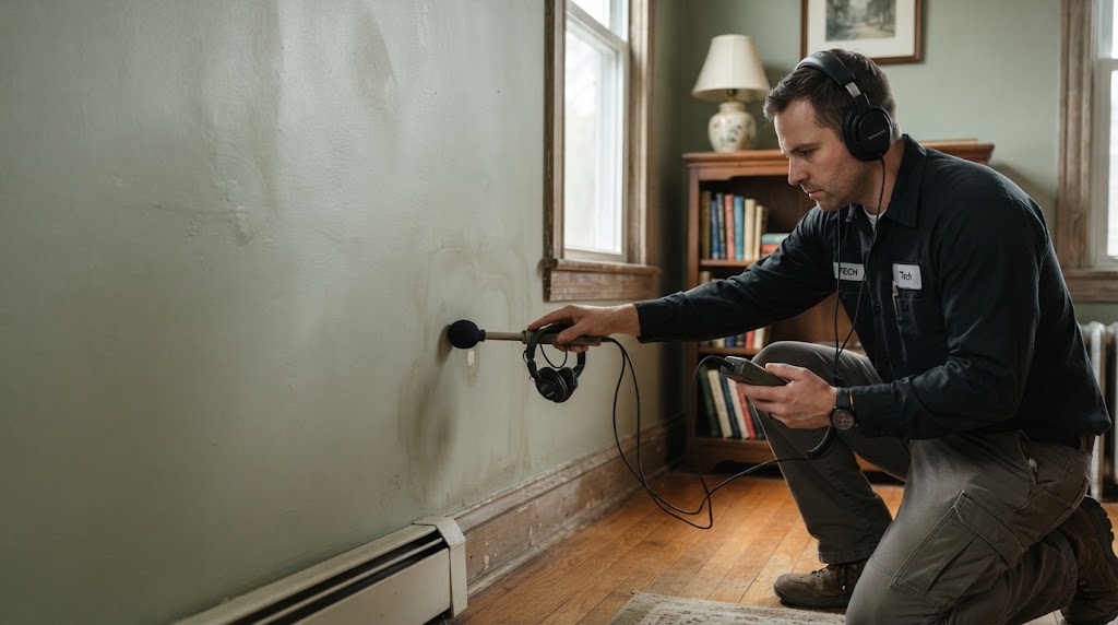 Thermal and acoustic hidden water leak detection Manalapan technician scanning residential walls